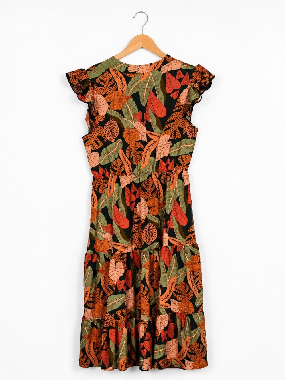 Tropical Leaf Print Midi Dress Women's Boho Resort Vacation Flutter Sleeve Dress - Picture 4 of 6
